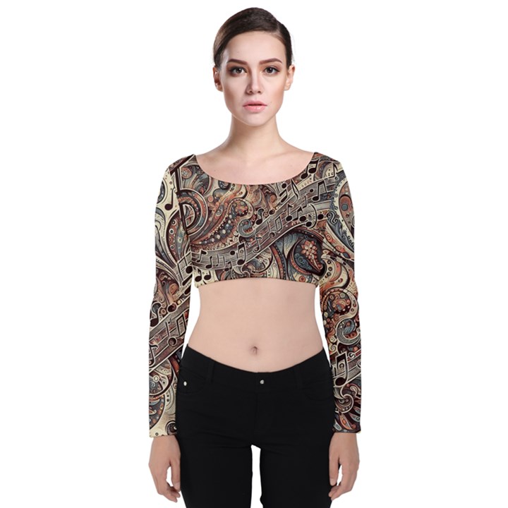 Paisley Print Musical Notes5 Velvet Long Sleeve Crop Top