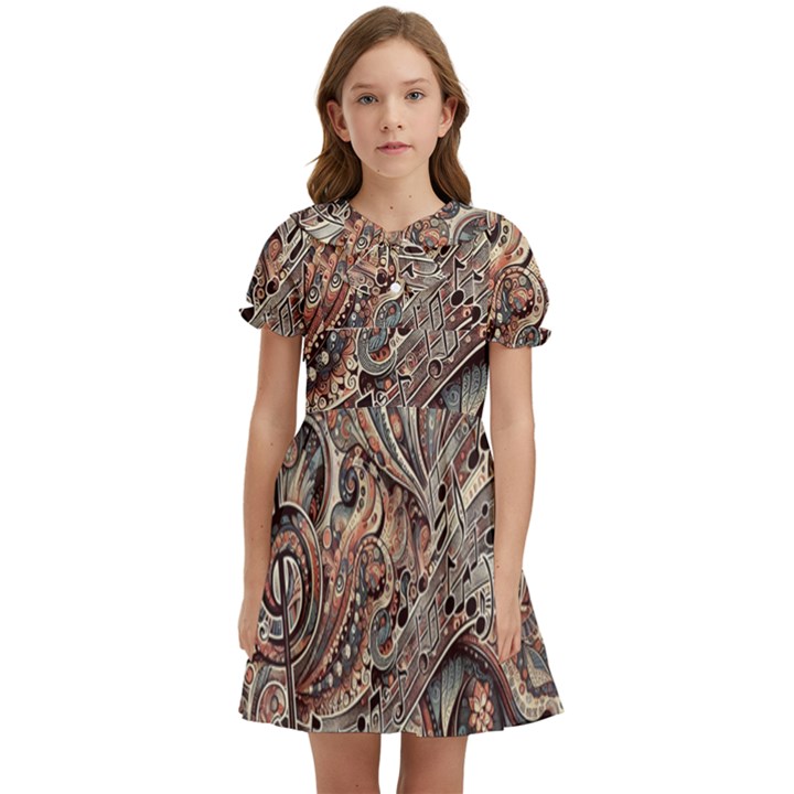 Paisley Print Musical Notes5 Kids  Bow Tie Puff Sleeve Dress