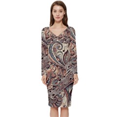 Paisley Print Musical Notes5 Long Sleeve V-neck Bodycon Dress  by RiverRootz