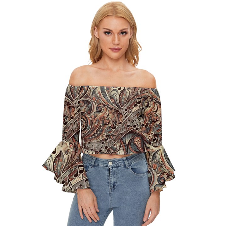 Paisley Print Musical Notes5 Off Shoulder Flutter Bell Sleeve Top