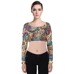 Paisley Print Musical Notes Velvet Long Sleeve Crop Top by RiverRootz