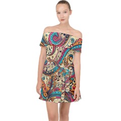 Paisley Print Musical Notes Off Shoulder Chiffon Dress by RiverRootz