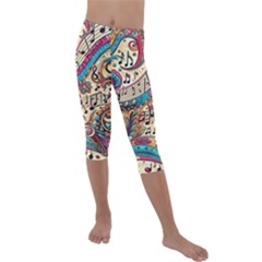 Paisley Print Musical Notes Kids  Lightweight Velour Capri Leggings  by RiverRootz