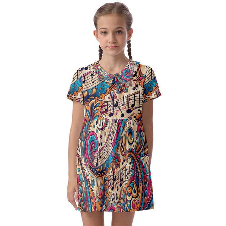 Paisley Print Musical Notes Kids  Asymmetric Collar Dress