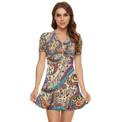 Paisley Print Musical Notes V-neck High Waist Chiffon Mini Dress by RiverRootz