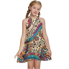 Paisley Print Musical Notes Kids  Halter Collar Waist Tie Chiffon Dress by RiverRootz