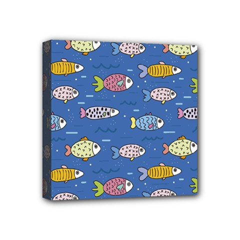 Sea Fish Blue Submarine Animals Patteen Mini Canvas 4  X 4  (stretched)