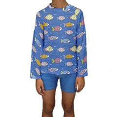 Sea Fish Blue Submarine Animals Patteen Kids  Long Sleeve Swimwear