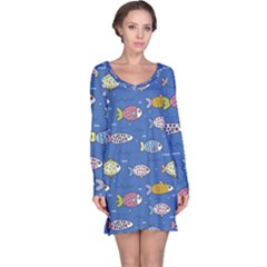 Sea Fish Blue Submarine Animals Patteen Long Sleeve Nightdress