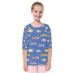 Sea Fish Blue Submarine Animals Patteen Kids  Quarter Sleeve Raglan T-shirt