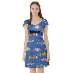 Sea Fish Blue Submarine Animals Patteen Short Sleeve Skater Dress