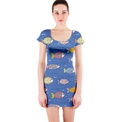 Sea Fish Blue Submarine Animals Patteen Short Sleeve Bodycon Dress