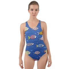 Sea Fish Blue Submarine Animals Patteen Cut-out Back One Piece Swimsuit