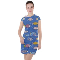 Sea Fish Blue Submarine Animals Patteen Drawstring Hooded Dress