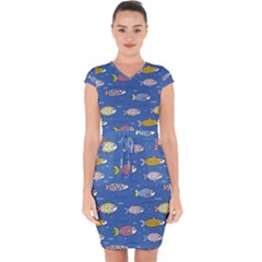 Sea Fish Blue Submarine Animals Patteen Capsleeve Drawstring Dress 