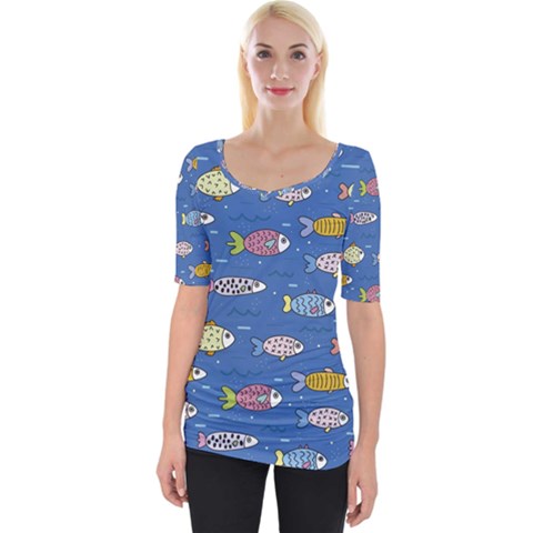 Sea Fish Blue Submarine Animals Patteen Wide Neckline T-shirt by Maspions