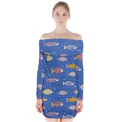 Sea Fish Blue Submarine Animals Patteen Long Sleeve Off Shoulder Dress