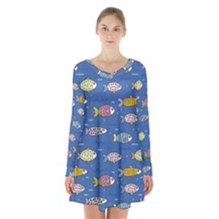 Sea Fish Blue Submarine Animals Patteen Long Sleeve Velvet V-neck Dress