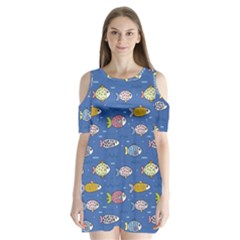 Sea Fish Blue Submarine Animals Patteen Shoulder Cutout Velvet One Piece