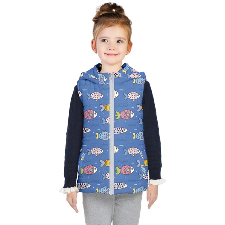 Sea Fish Blue Submarine Animals Patteen Kids  Hooded Puffer Vest