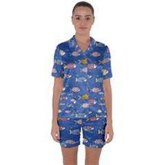 Sea Fish Blue Submarine Animals Patteen Satin Short Sleeve Pajamas Set