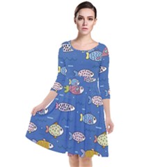 Sea Fish Blue Submarine Animals Patteen Quarter Sleeve Waist Band Dress