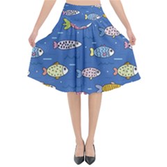 Sea Fish Blue Submarine Animals Patteen Flared Midi Skirt