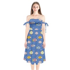 Sea Fish Blue Submarine Animals Patteen Shoulder Tie Bardot Midi Dress