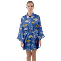 Sea Fish Blue Submarine Animals Patteen Long Sleeve Satin Kimono by Maspions