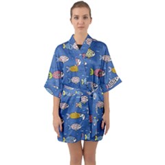 Sea Fish Blue Submarine Animals Patteen Half Sleeve Satin Kimono  by Maspions