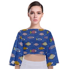 Sea Fish Blue Submarine Animals Patteen Tie Back Butterfly Sleeve Chiffon Top