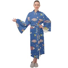 Sea Fish Blue Submarine Animals Patteen Maxi Velvet Kimono by Maspions