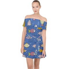 Sea Fish Blue Submarine Animals Patteen Off Shoulder Chiffon Dress