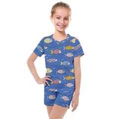 Sea Fish Blue Submarine Animals Patteen Kids  Mesh T-shirt And Shorts Set