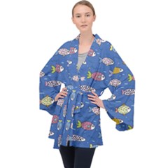 Sea Fish Blue Submarine Animals Patteen Long Sleeve Velvet Kimono  by Maspions