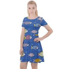 Sea Fish Blue Submarine Animals Patteen Cap Sleeve Velour Dress 