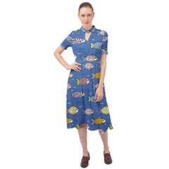 Sea Fish Blue Submarine Animals Patteen Keyhole Neckline Chiffon Dress