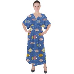 Sea Fish Blue Submarine Animals Patteen V-neck Boho Style Maxi Dress