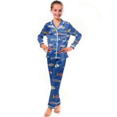 Sea Fish Blue Submarine Animals Patteen Kids  Satin Long Sleeve Pajamas Set by Maspions