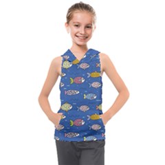 Sea Fish Blue Submarine Animals Patteen Kids  Sleeveless Hoodie by Maspions