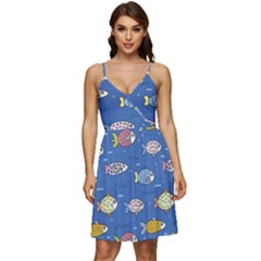 Sea Fish Blue Submarine Animals Patteen V-neck Pocket Summer Dress 