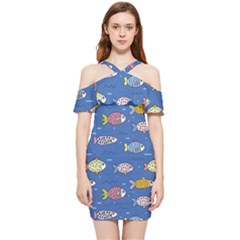 Sea Fish Blue Submarine Animals Patteen Shoulder Frill Bodycon Summer Dress