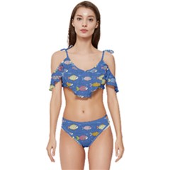 Sea Fish Blue Submarine Animals Patteen Ruffle Edge Tie Up Bikini Set	 by Maspions