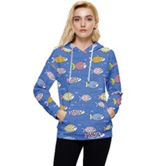 Sea Fish Blue Submarine Animals Patteen Women s Lightweight Drawstring Hoodie