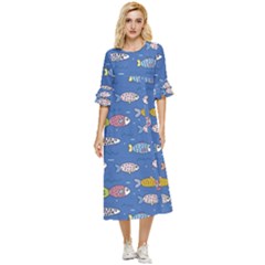 Sea Fish Blue Submarine Animals Patteen Double Cuff Midi Dress