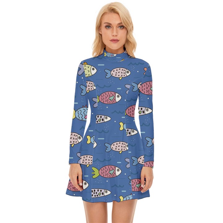 Sea Fish Blue Submarine Animals Patteen Long Sleeve Velour Longline Dress