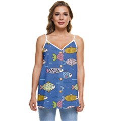 Sea Fish Blue Submarine Animals Patteen Casual Spaghetti Strap Chiffon Top