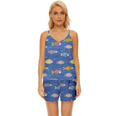 Sea Fish Blue Submarine Animals Patteen V-neck Satin Pajamas Set by Maspions