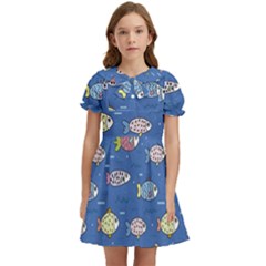 Sea Fish Blue Submarine Animals Patteen Kids  Bow Tie Puff Sleeve Dress