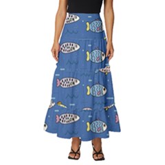 Sea Fish Blue Submarine Animals Patteen Tiered Ruffle Maxi Skirt by Maspions